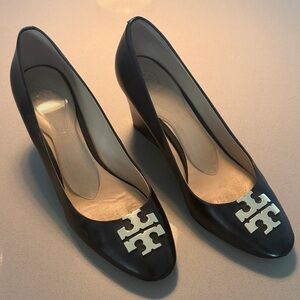 Tory Burch Black Wedges with Gold Logo